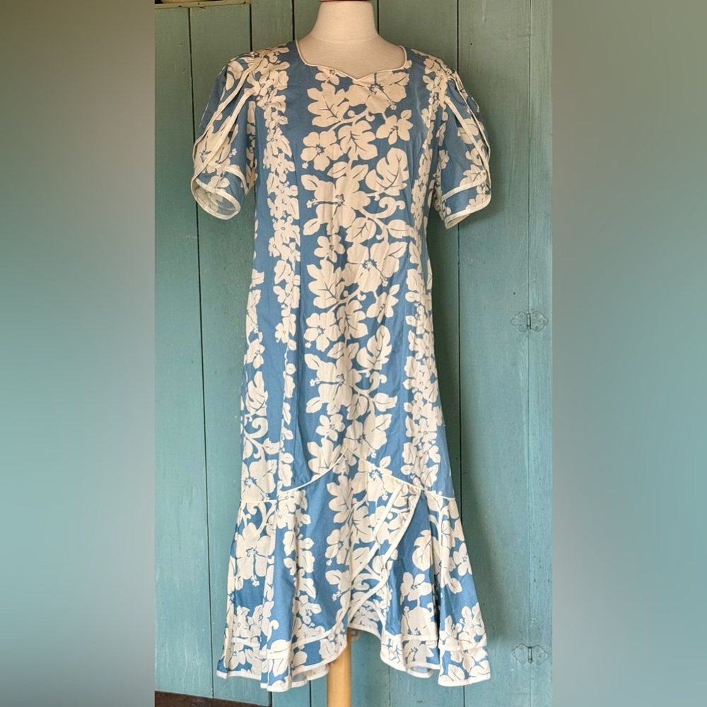 VTG  SHANNON MARIE Hawaiian Muumuu Dress Tulip Sleeve Ruffle Midi Tiki Aloha XL